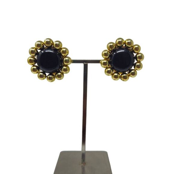 Vintage Jewelry - Vintage Gold and Black Beaded Clip-On Earrings